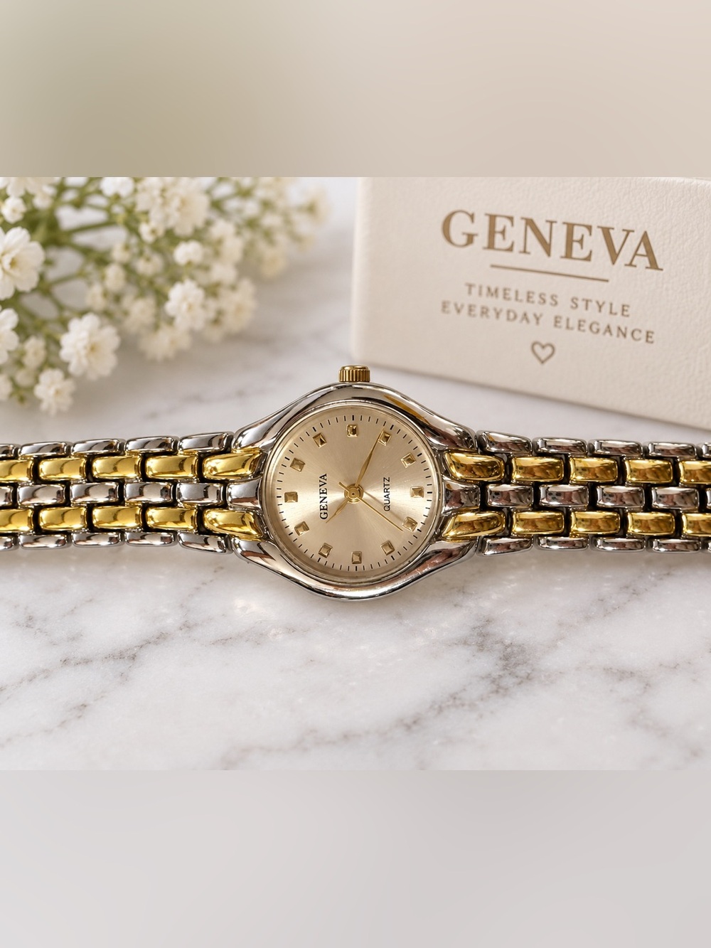 Vintage Geneva Two Tone Gold Silver Ladies Quartz Watch Bracelet Classic